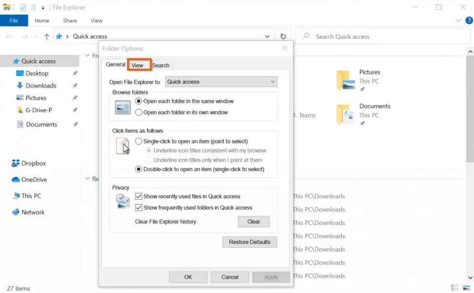 restablecer el explorador de archivos en Windows 10